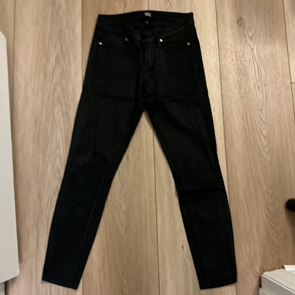 Paige leather coated black skinny jeans